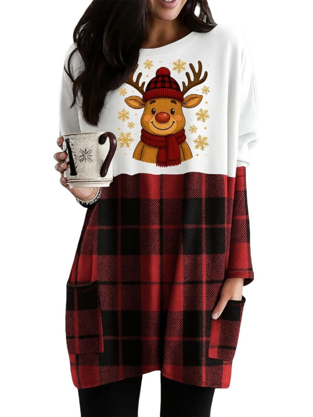 🎄Women's Christmas Deer Santa Long Sleeve Casual Plaid Sweatshirt Pockets Dress